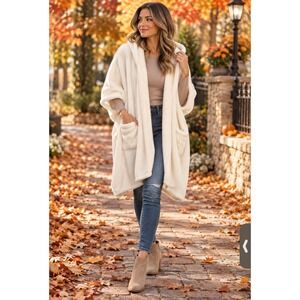 Women's Cream Fuzzy Hooded Shawl Cardigan One Size Open Front Pockets Cozy
